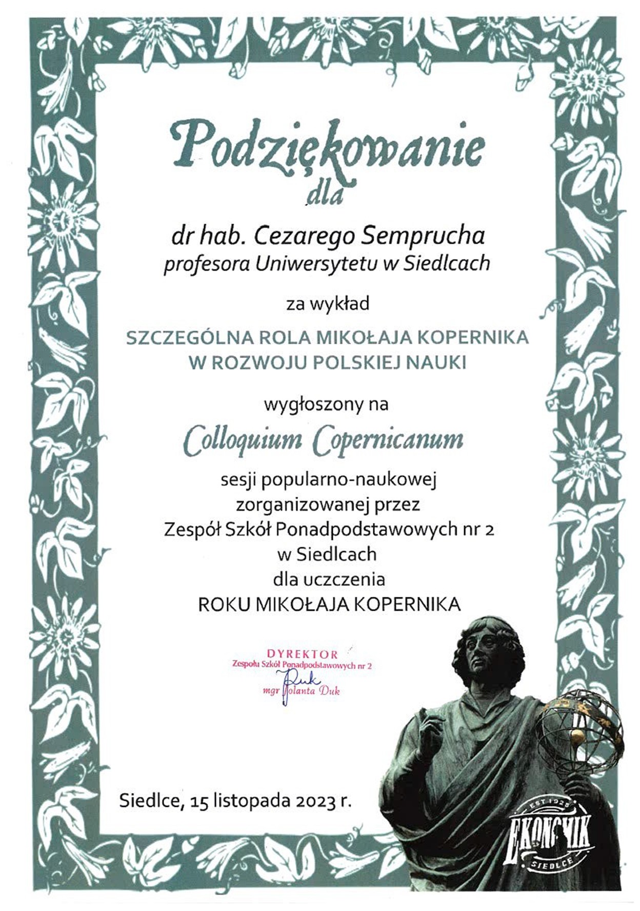 Podziękowanie w postaci dyplomu dla dr hab. Cezarego Semprucha od dyrektora szkoły mgr Jolanty Duk