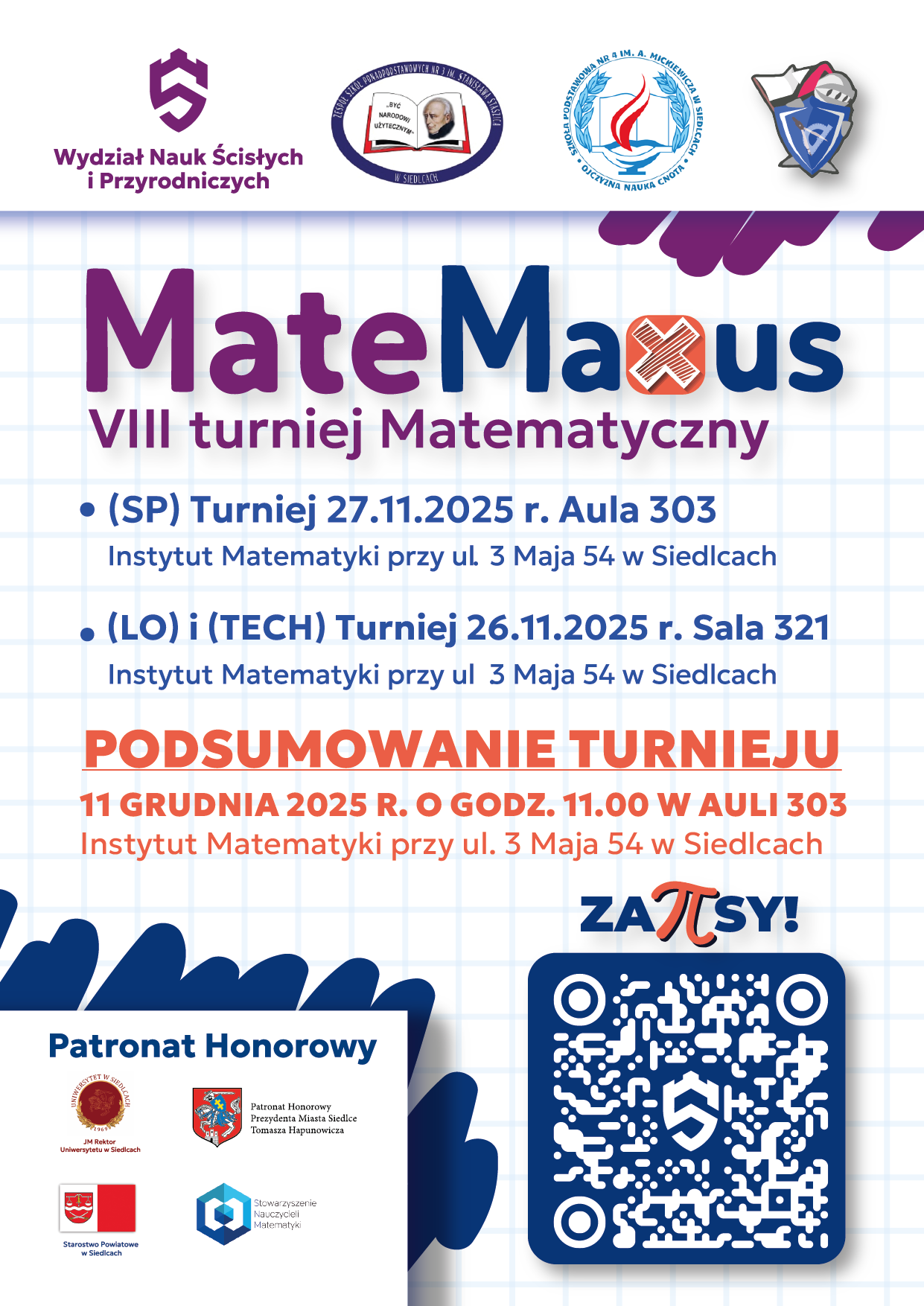 Matemaxus 2025 plakat konkursu. Turniej 26 i 27.11.2025, podsumowanie turnieju 11.12.2025 aula 303