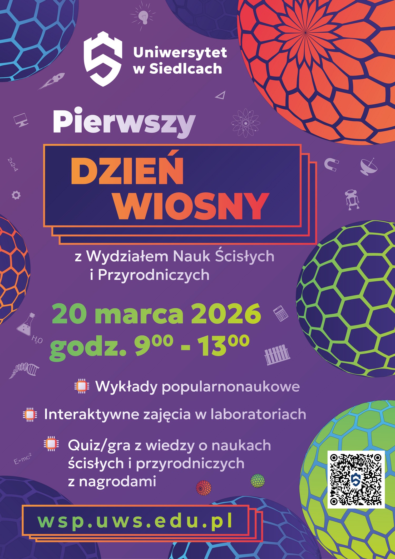 Pierwszy Dzień Wiosny z WSP plakat informacyjny 20 marca 2026 godz. 9:00 - 13:00 wykłady, zajęcia, quiz wiedzy