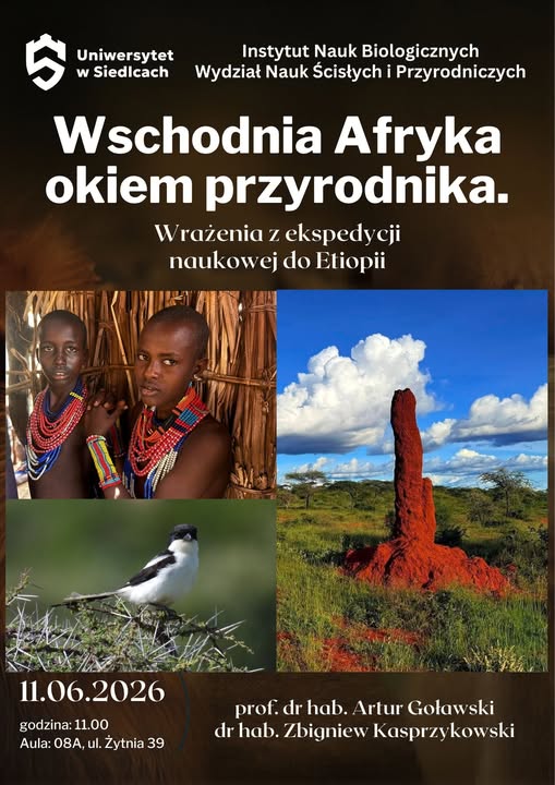 Wschodnia Afryka okiem przyrodnika 11.06.2026 godz 11:00 Aula 08A ul. Żytnia 39 plakat informacyjny